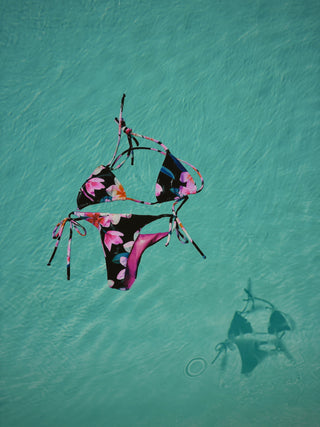 Wailea Side Tie Bottom in Black Plumeria