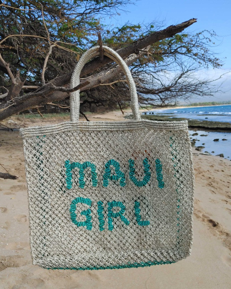 Maui Girl - Aqua Woven Jute bag